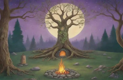 Un bosque verde y místico con un druidismo ancestral