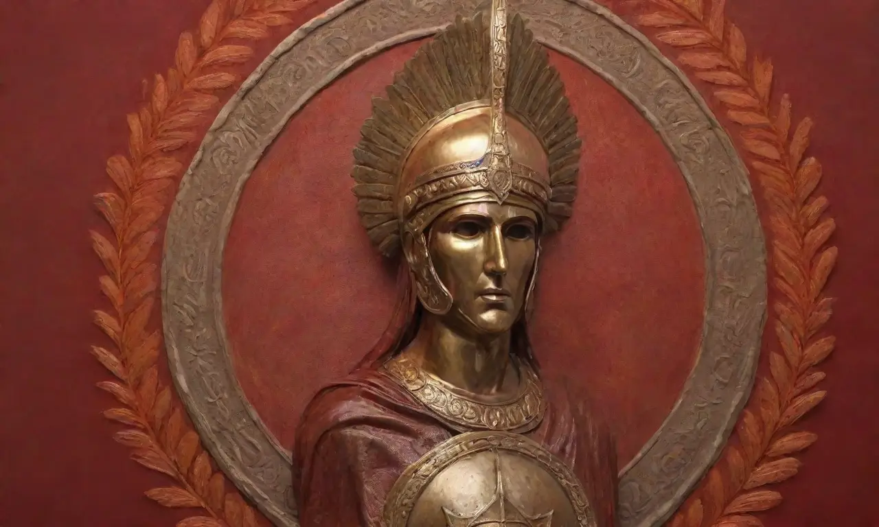 Un fondo rojo profundo con elementos romanos que evocan poder y valentía