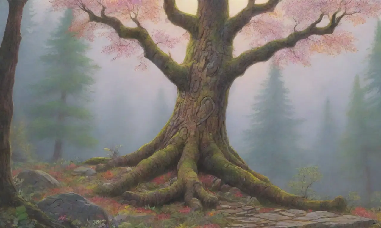 Un gigante entre árboles antiguos y flores vibrantes evoca un mundo de mitos y naturaleza