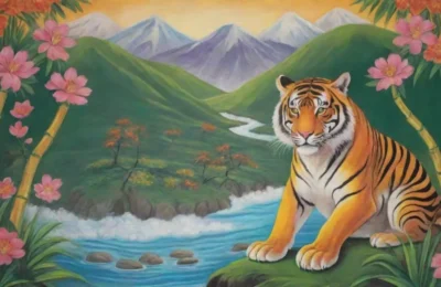 Un mural vibrante muestra un tigre majestuoso rodeado de naturaleza y mitología