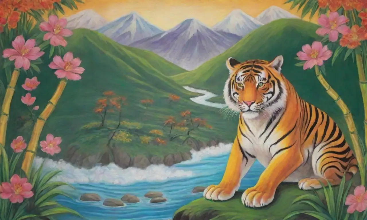 Un mural vibrante muestra un tigre majestuoso rodeado de naturaleza y mitología