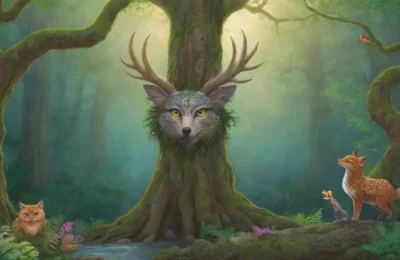 Un bosque denso y místico con dioses