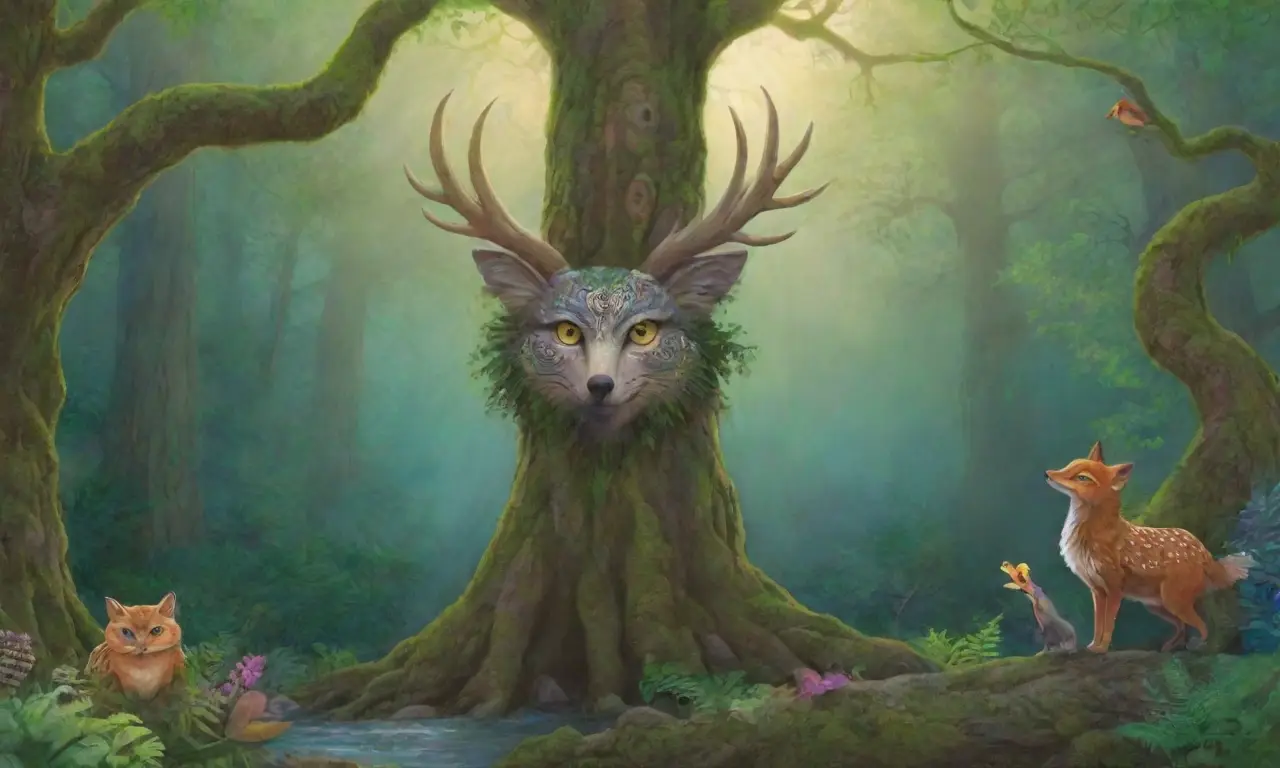 Un bosque denso y místico con dioses