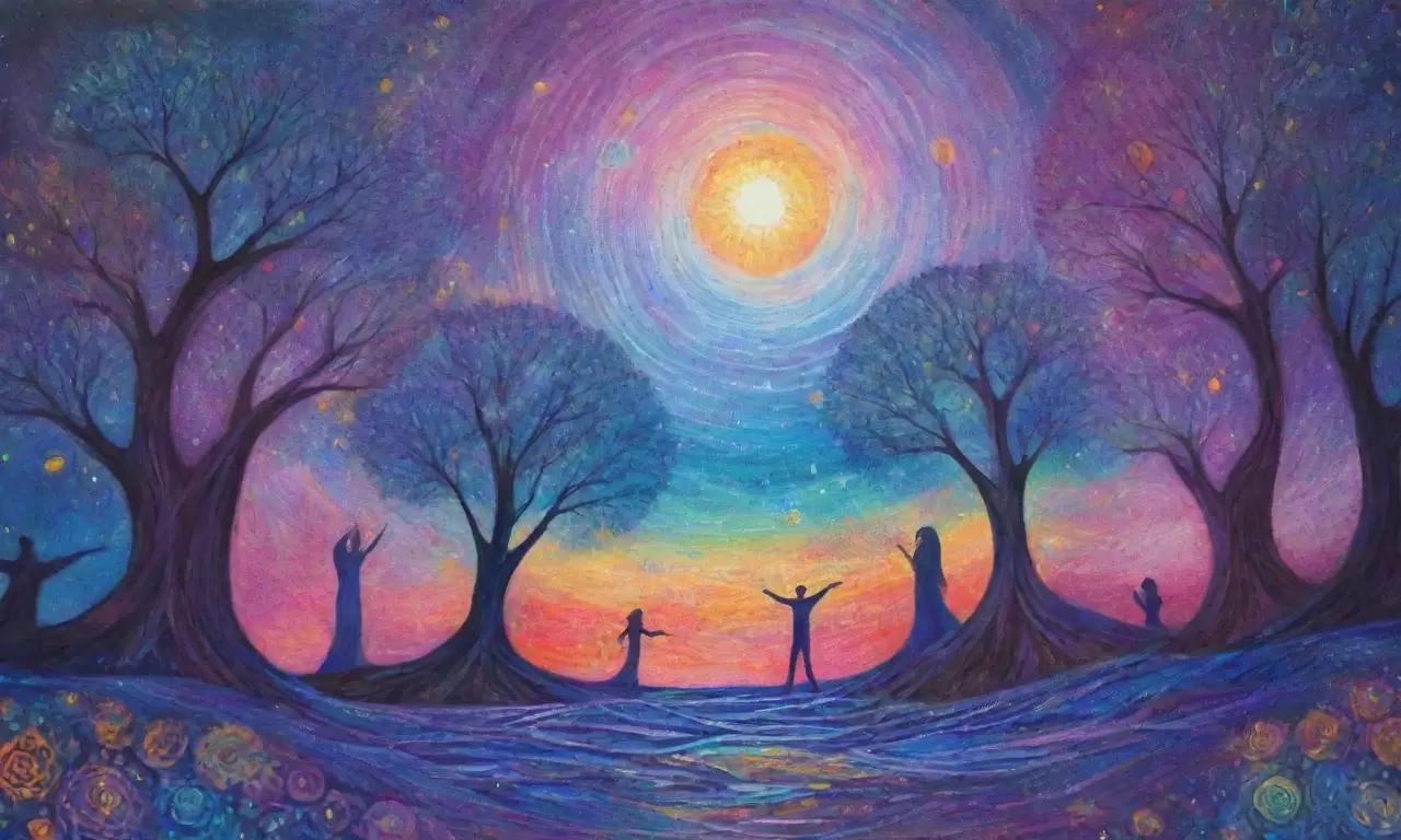 Un paisaje cósmico de galaxias, nebulosas y humanidad entrelazada en una danza de luz y vida