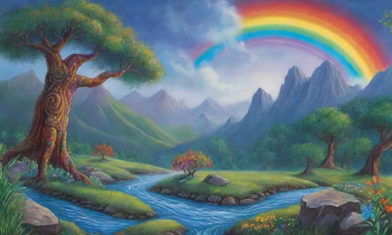 Un paisaje vibrante y sagrado se despliega con colores intensos