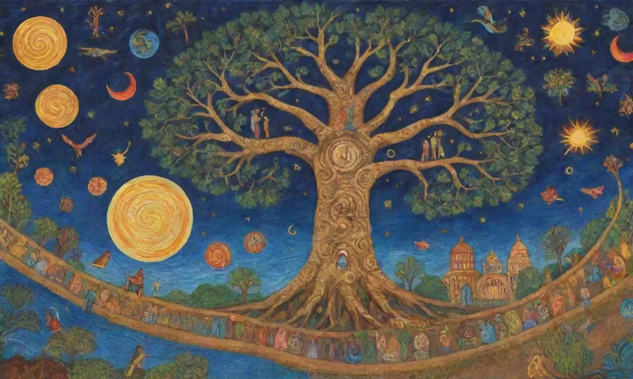 Un mural vibrante que fusiona símbolos antiguos y modernos en un paisaje lleno de colores, criaturas míticas y elementos culturales