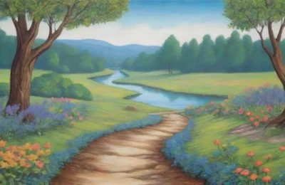 Un viajero contempla dos caminos divergentes en un paisaje sereno lleno de misterio y belleza