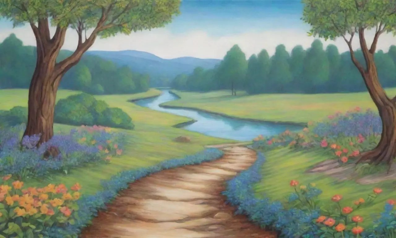Un viajero contempla dos caminos divergentes en un paisaje sereno lleno de misterio y belleza