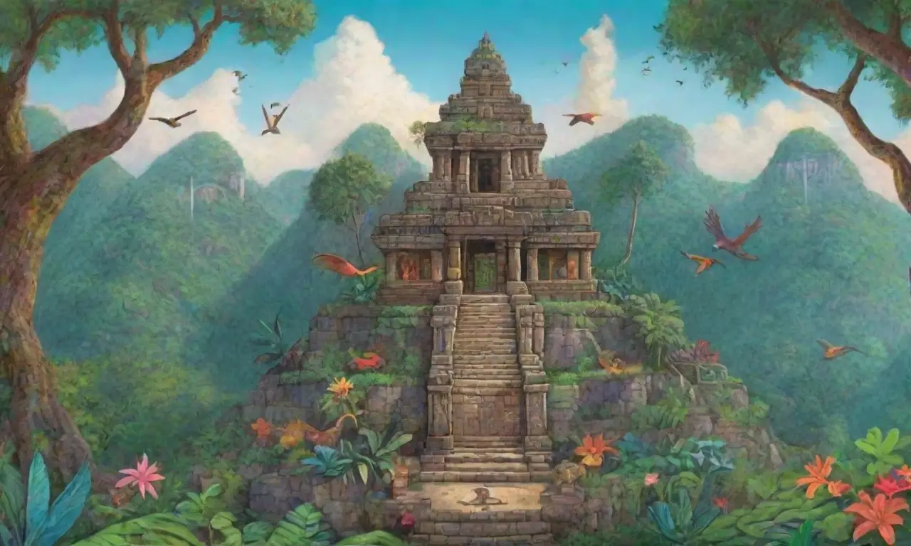 Un paisaje vibrante de selva con templos mayas, cascadas, fauna colorida y ecos de rituales antiguos