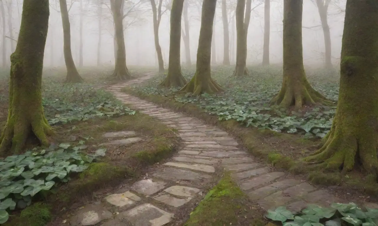 Un bosque denso y misterioso con caminos enredados, luz etérea, figuras distantes y un ambiente de contemplación