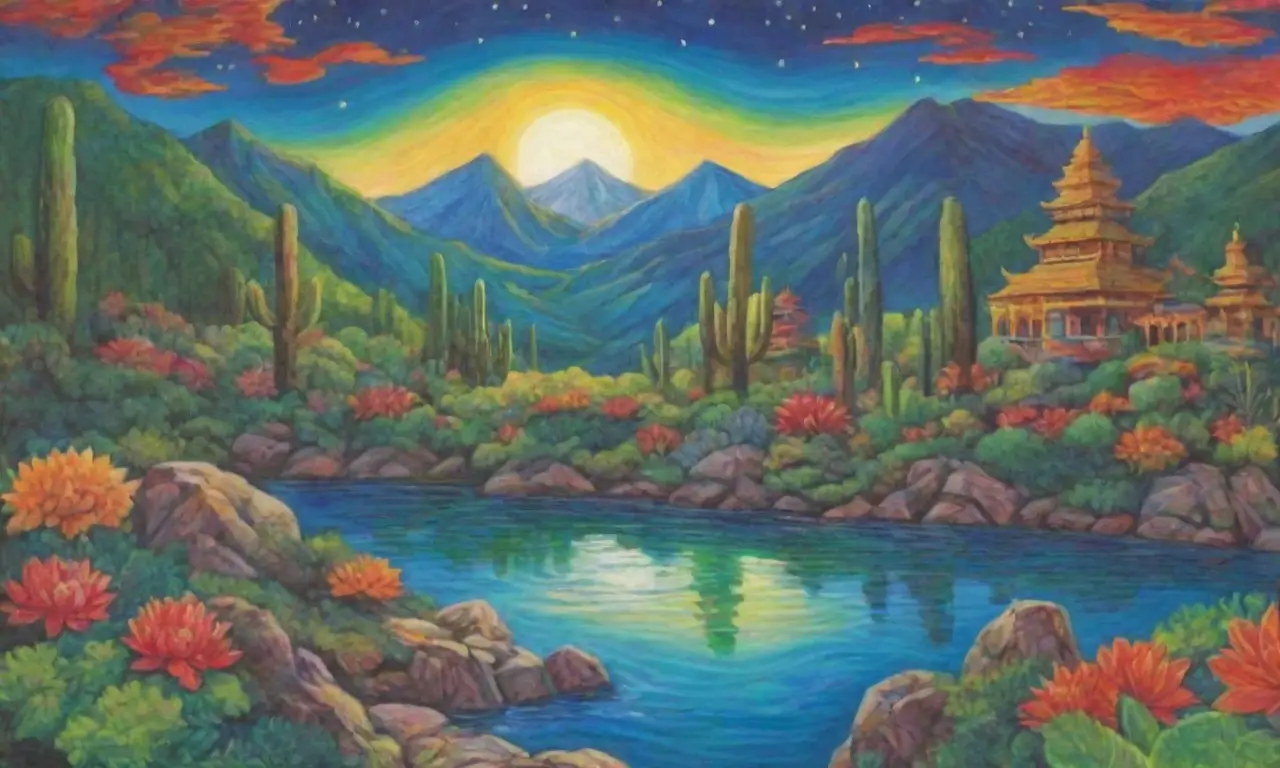 Naturaleza vibrante y mística llena de colores y formas
