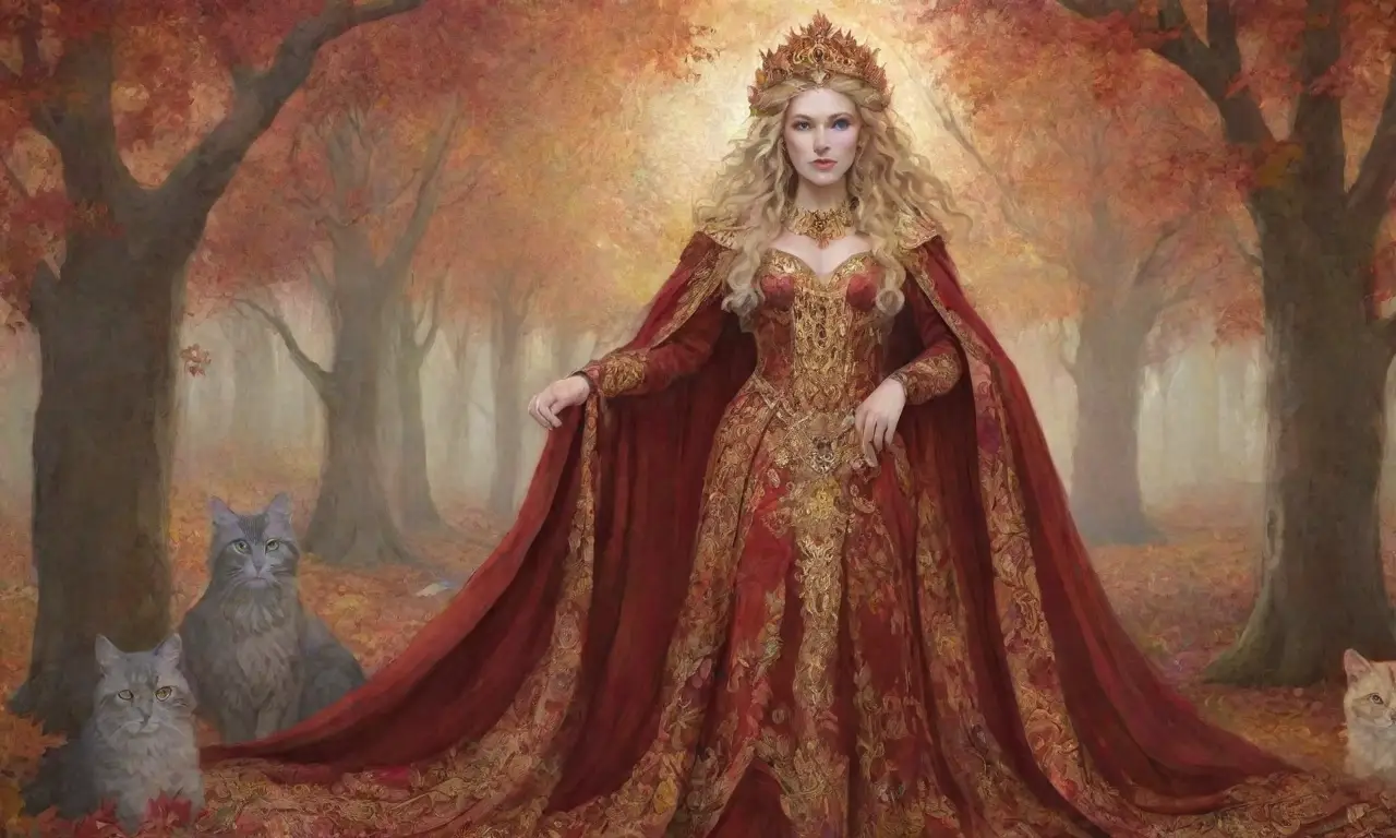 Un tapiz vibrante de colores con Freyja en el centro, rodeada de naturaleza y mitología nórdica
