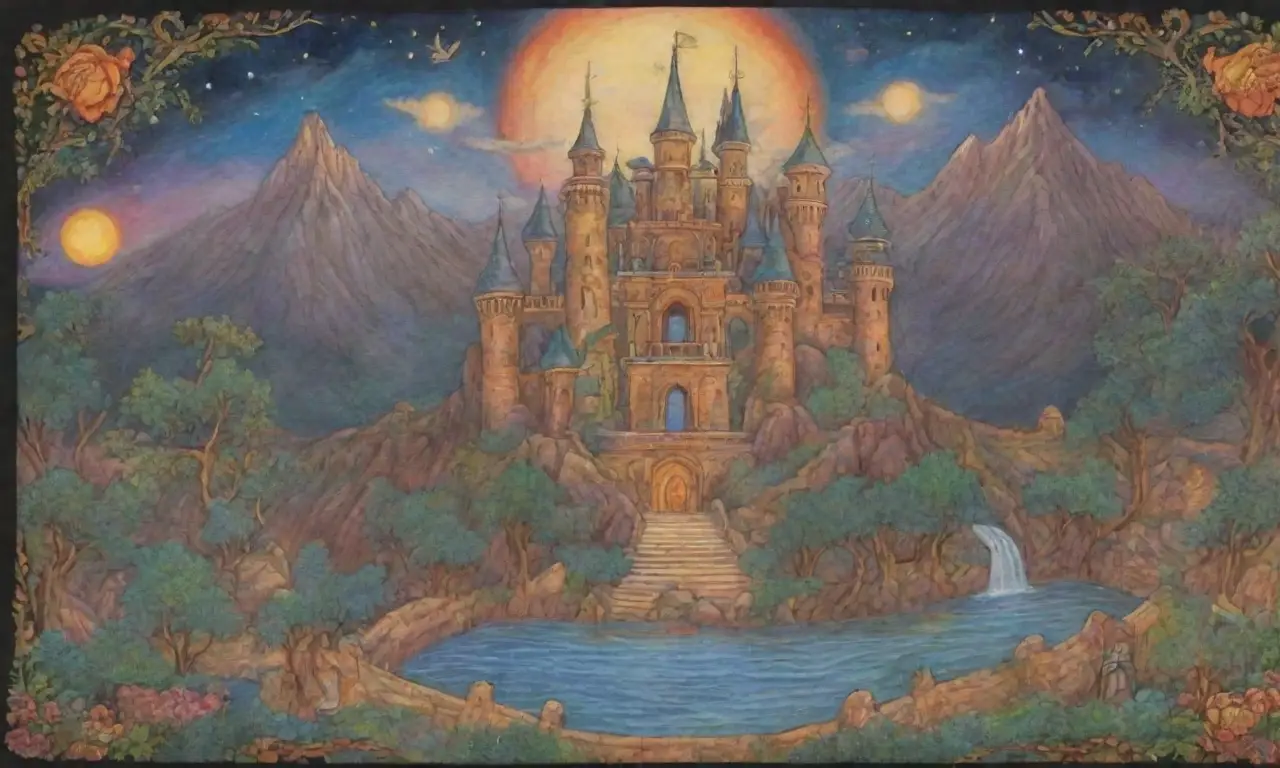Un tapiz de colores vibrantes y símbolos místicos que evoca leyendas y paisajes antiguos