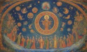 Un mural vibrante de colores intensos y figuras majestuosas que evoca grandeza y misterio