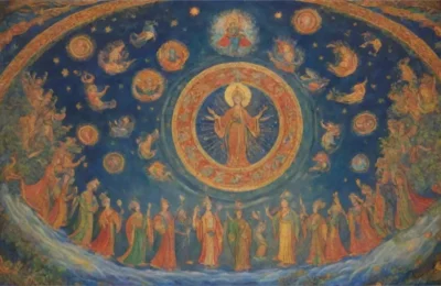 Un mural vibrante de colores intensos y figuras majestuosas que evoca grandeza y misterio