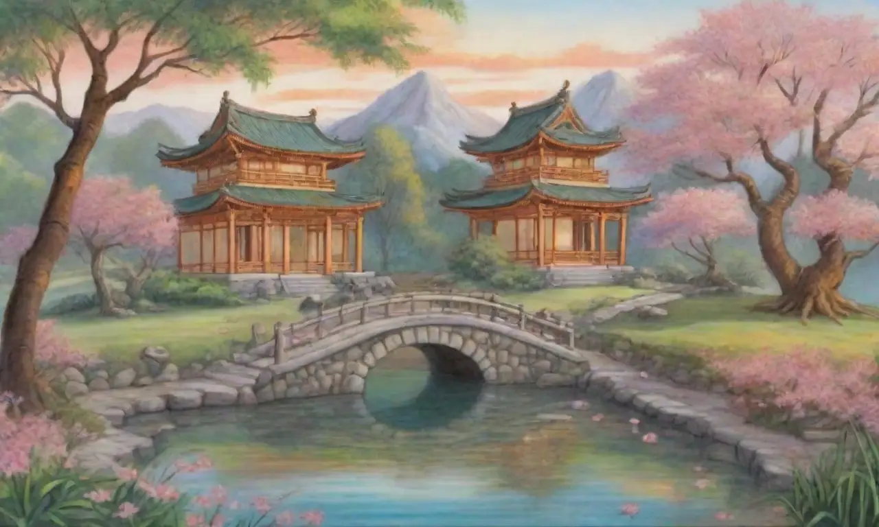 Un paisaje sereno con montañas, árboles, un río, flores, un sabio, koi, linternas, un puente, tallas, nubes, un sol dorado, bambú, un templo, mariposas, un camino y una brisa que envuelven en paz