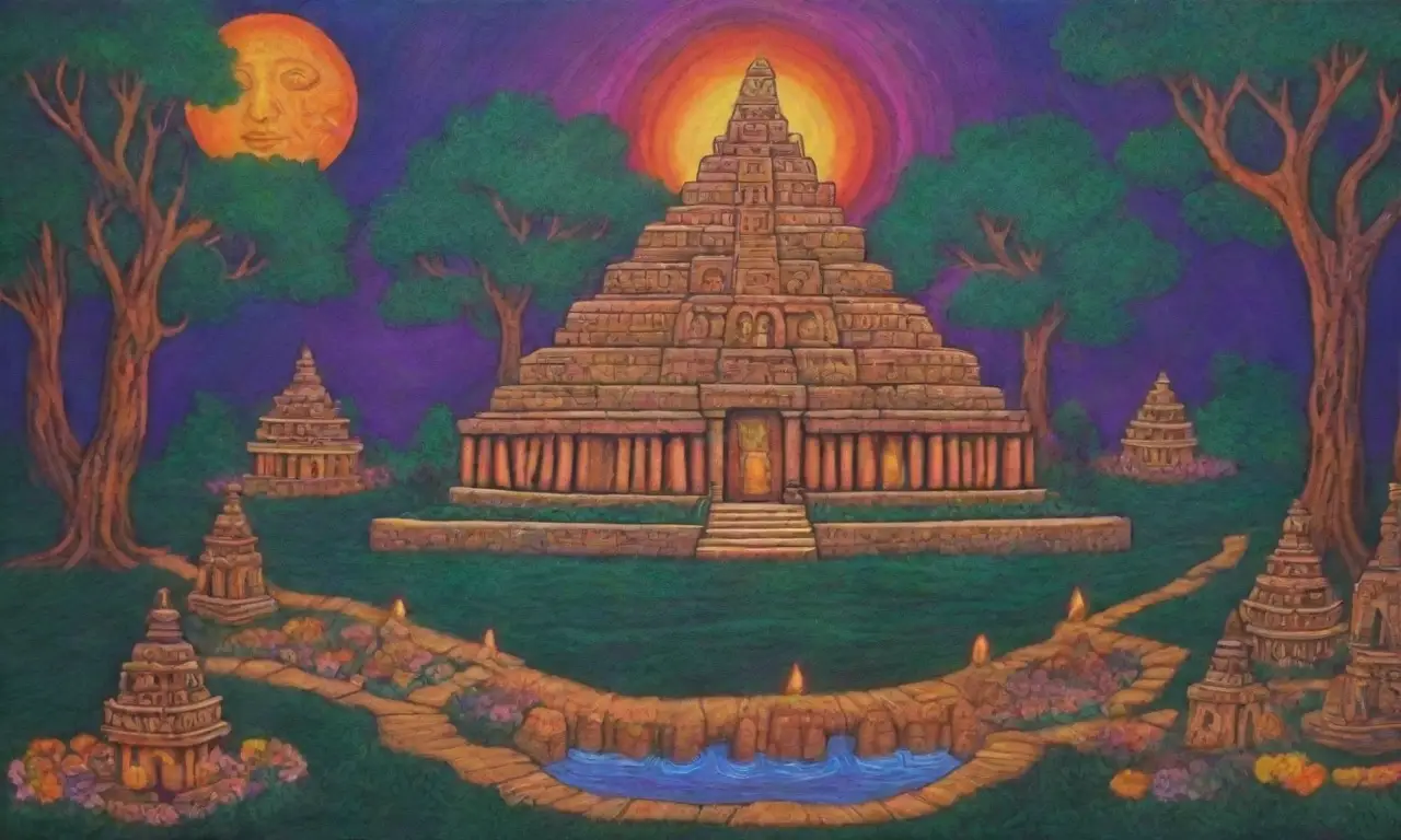 Un vibrante paisaje maya entrelaza colores, símbolos y tradiciones en un ciclo de vida y muerte