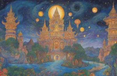 Un paisaje mágico y vibrante lleno de dioses