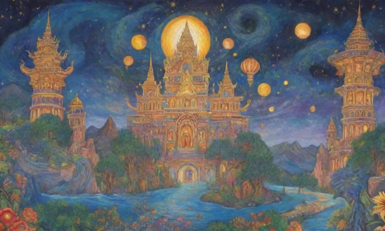 Un paisaje mágico y vibrante lleno de dioses