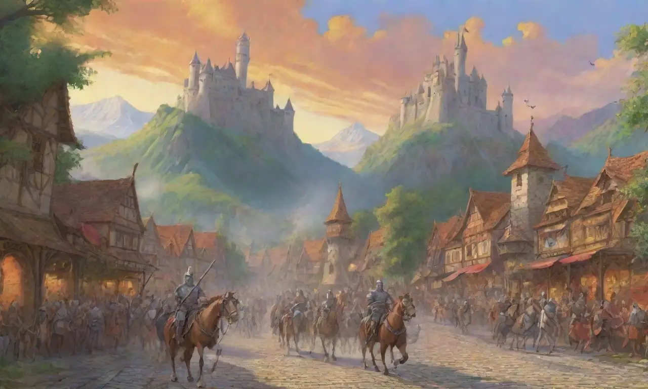 Un paisaje medieval lleno de castillos, caballeros, dragones y un bullicioso mercado