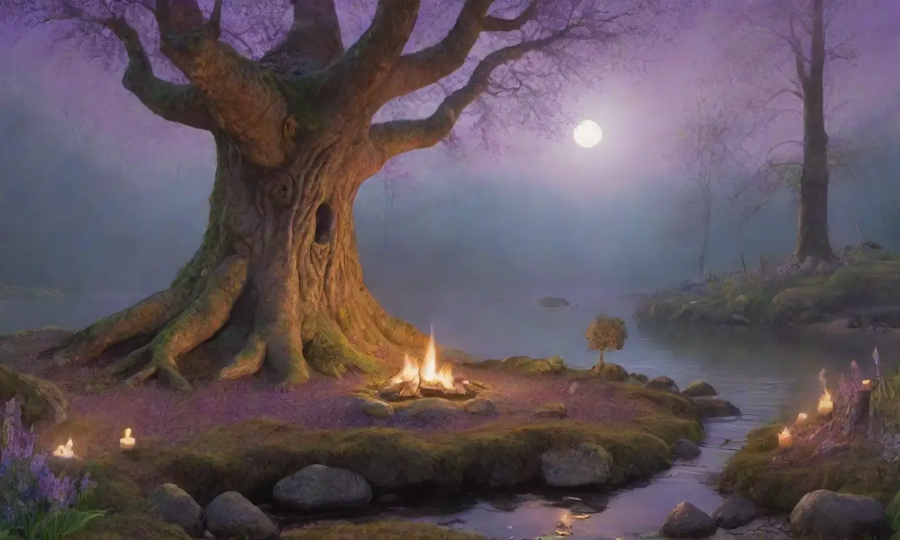 Un bosque brumoso con árboles antiguos, un altar plateado y figuras en túnicas, todo envuelto en un aura de sabiduría y renovación