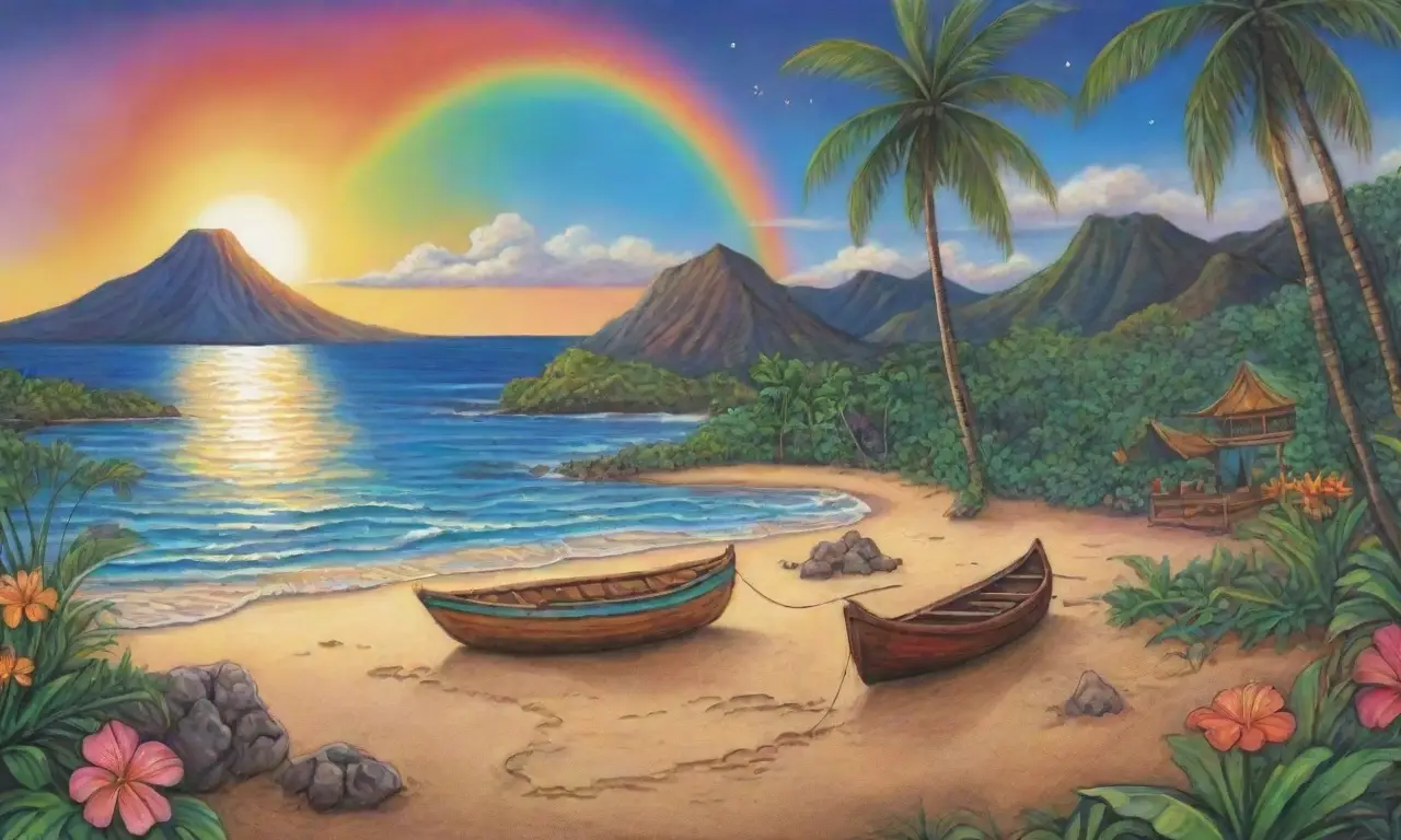 Un paisaje vibrante de Maui con olas, montañas, playa dorada, atardecer, flores tropicales y un espíritu aventurero