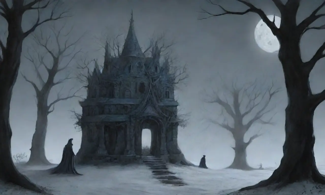 Un paisaje sombrío y etéreo lleno de sombras, misterio y elementos del inframundo