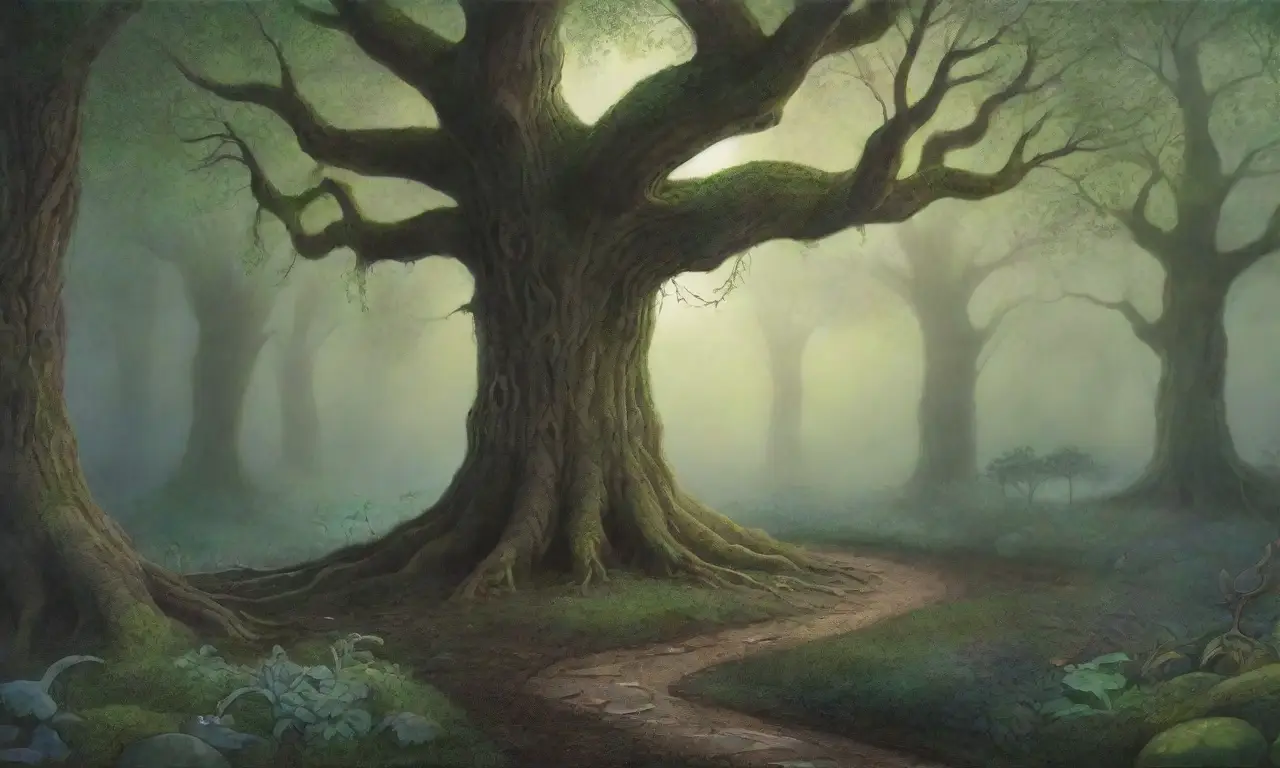Un bosque denso y misterioso, lleno de vida y sombras, donde lo sagrado y lo etéreo se entrelazan