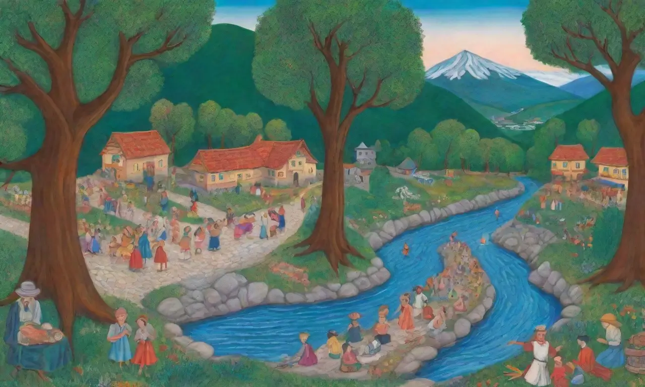 Un mural vibrante que celebra la cultura vasca con colores ricos, figuras heroicas, naturaleza y un ambiente comunitario
