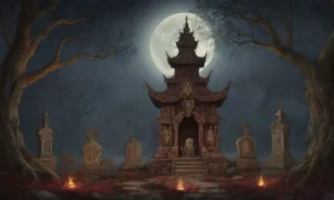 Un ambiente místico y sombrío lleno de símbolos de la muerte y la reverencia