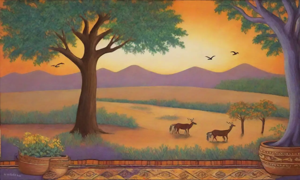 Un paisaje vibrante de tonos tierra, arte tribal, naturaleza y vida en armonía