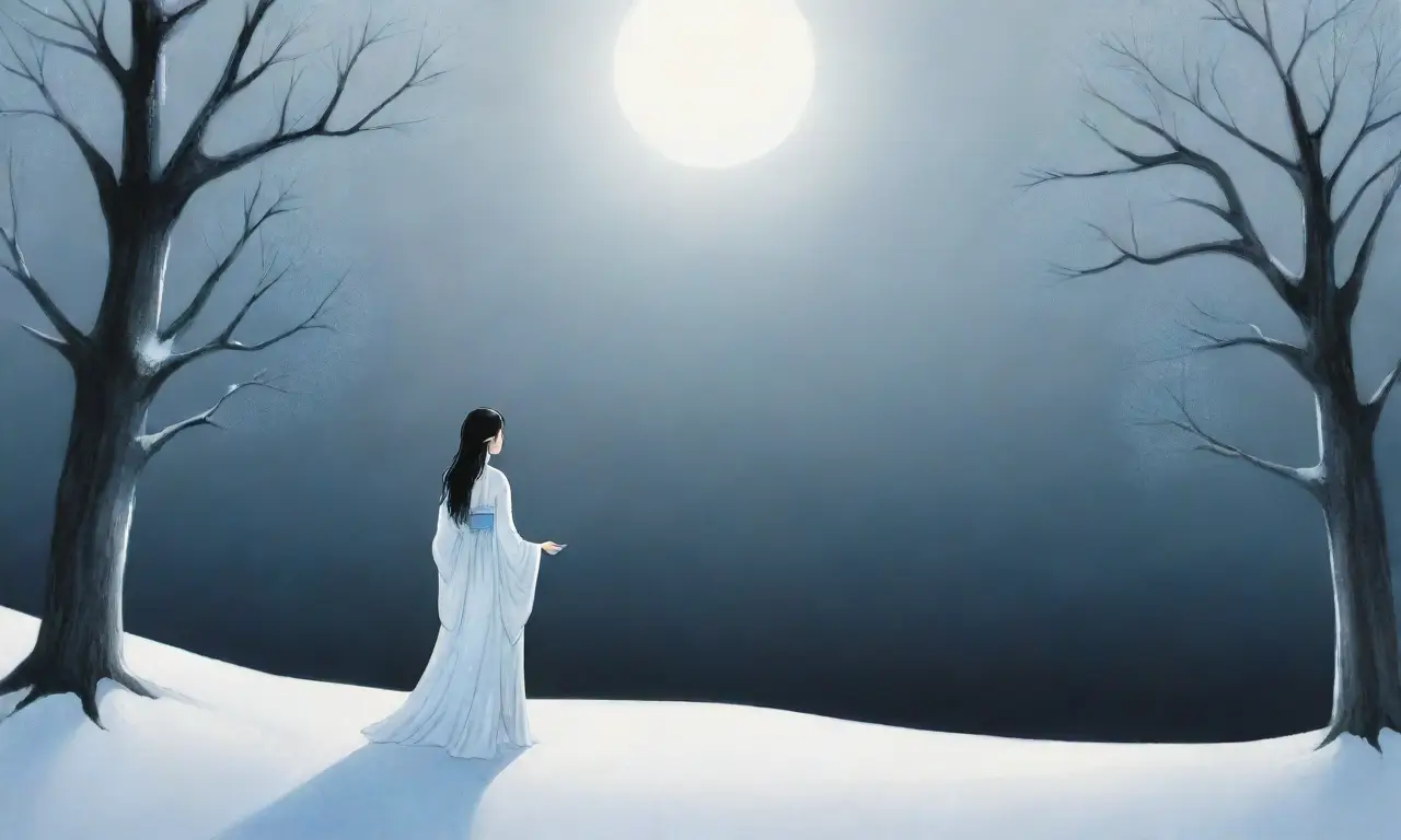 Un paisaje invernal sereno con una figura fantasmal en un kimono blanco y un aire de misterio