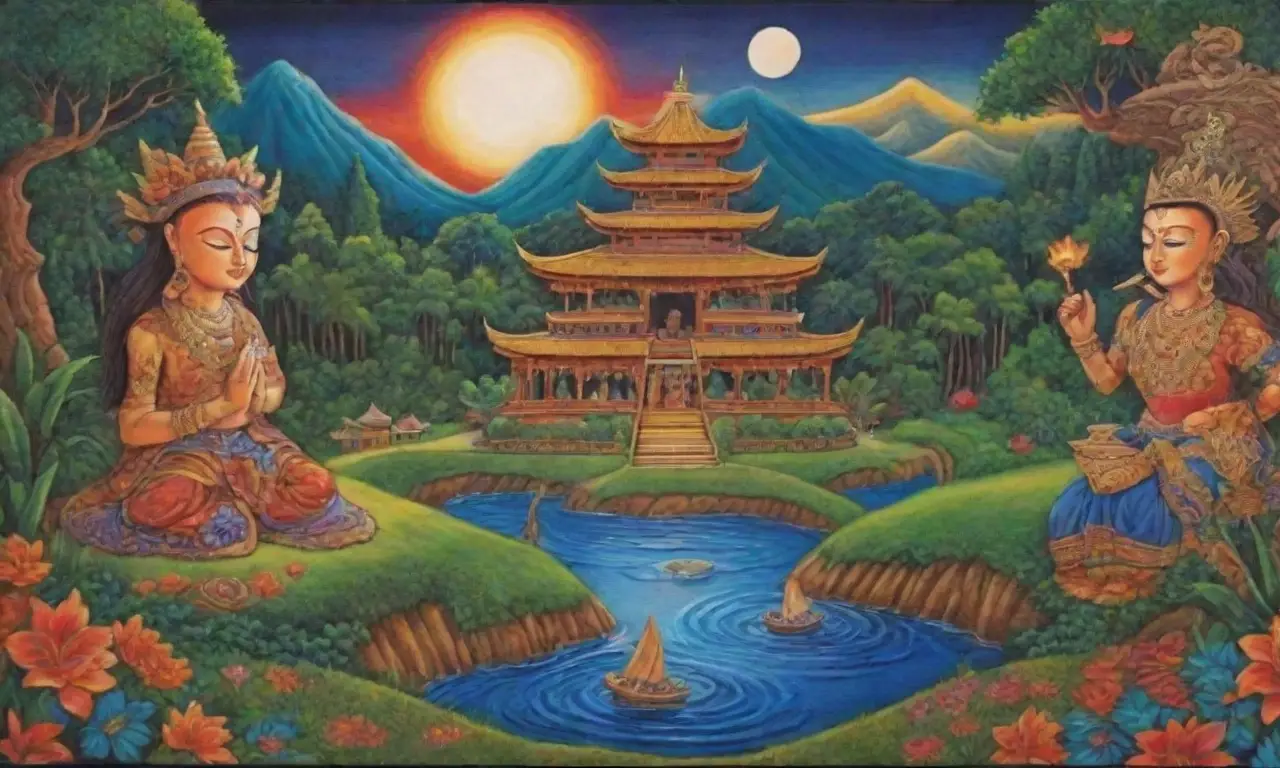 Paisajes tropicales vibrantes con elementos culturales y ancestrales