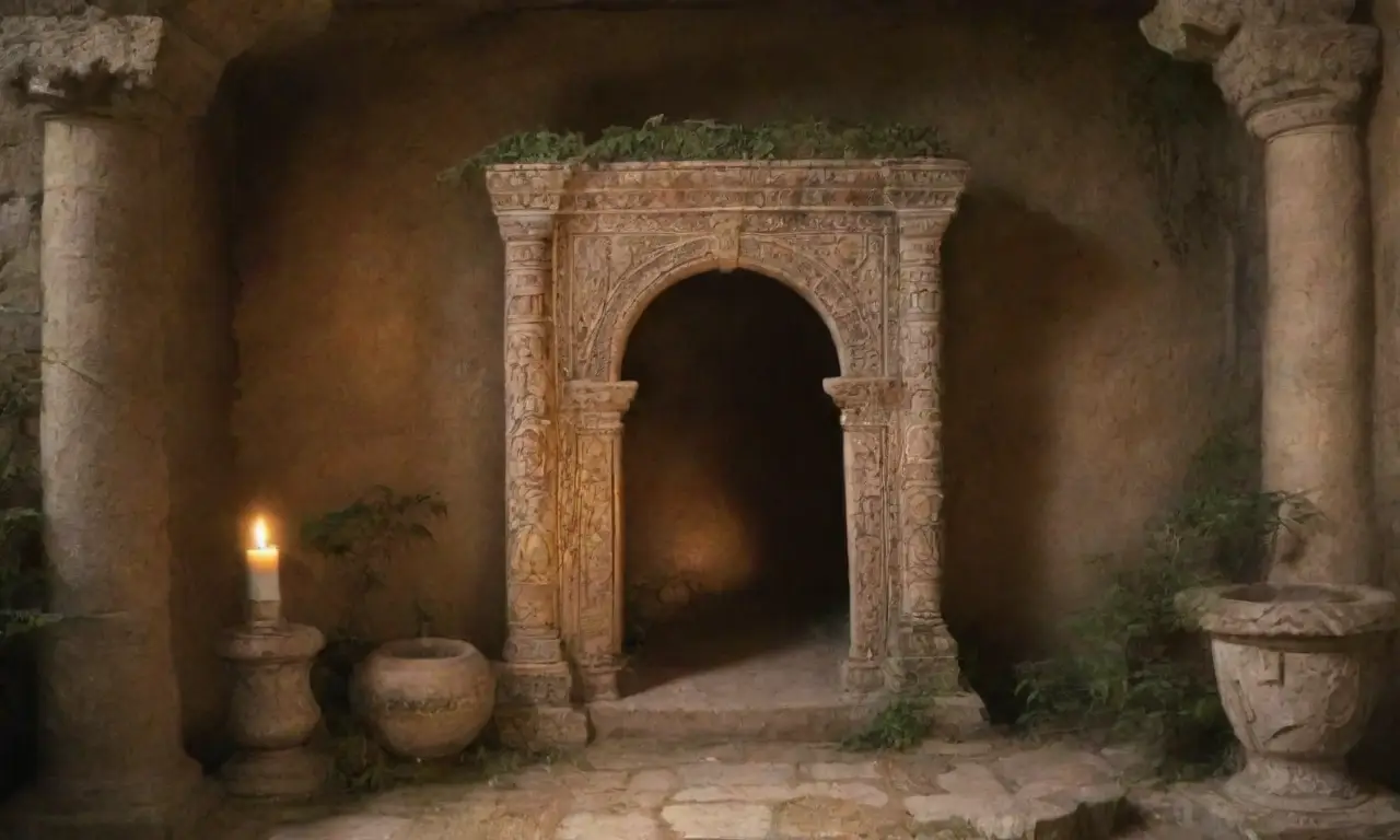 Tumbas antiguas y arte sagrado en un paisaje sereno y misterioso