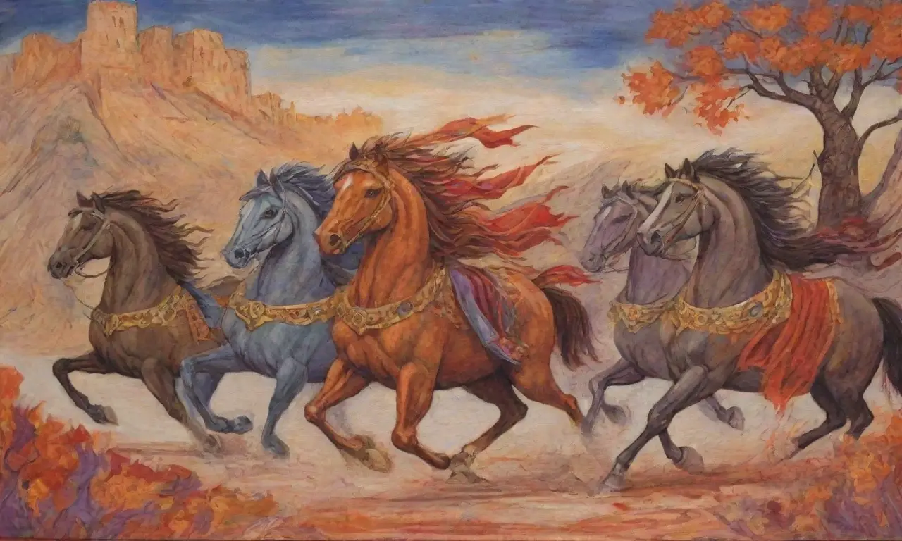 Guerreros griegos en armaduras brillantes se preparan para la batalla bajo un cielo de colores intensos