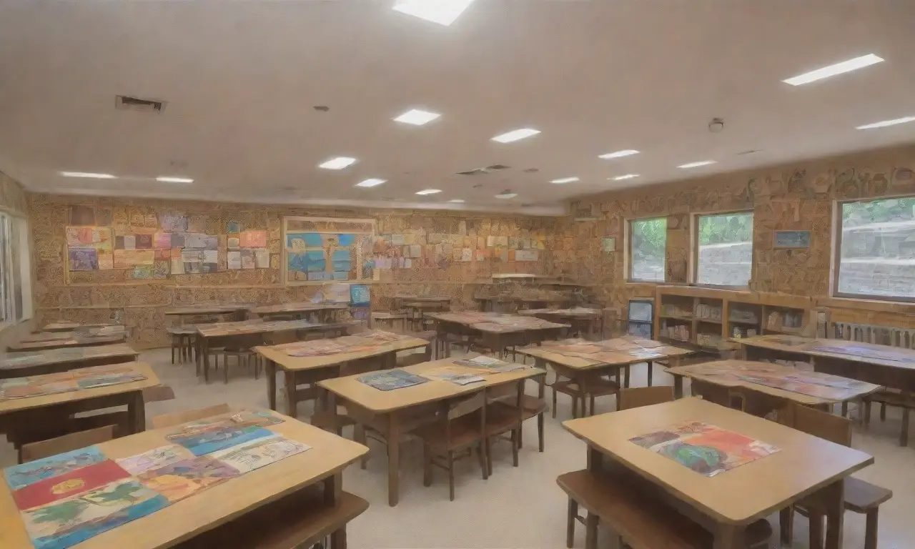 Un aula vibrante y colorida con estudiantes inmersos en la cultura polinesia