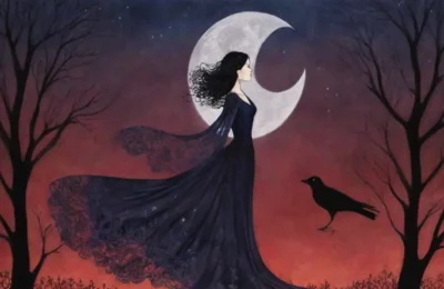 Una mujer en un cielo nocturno oscuro y estrellado