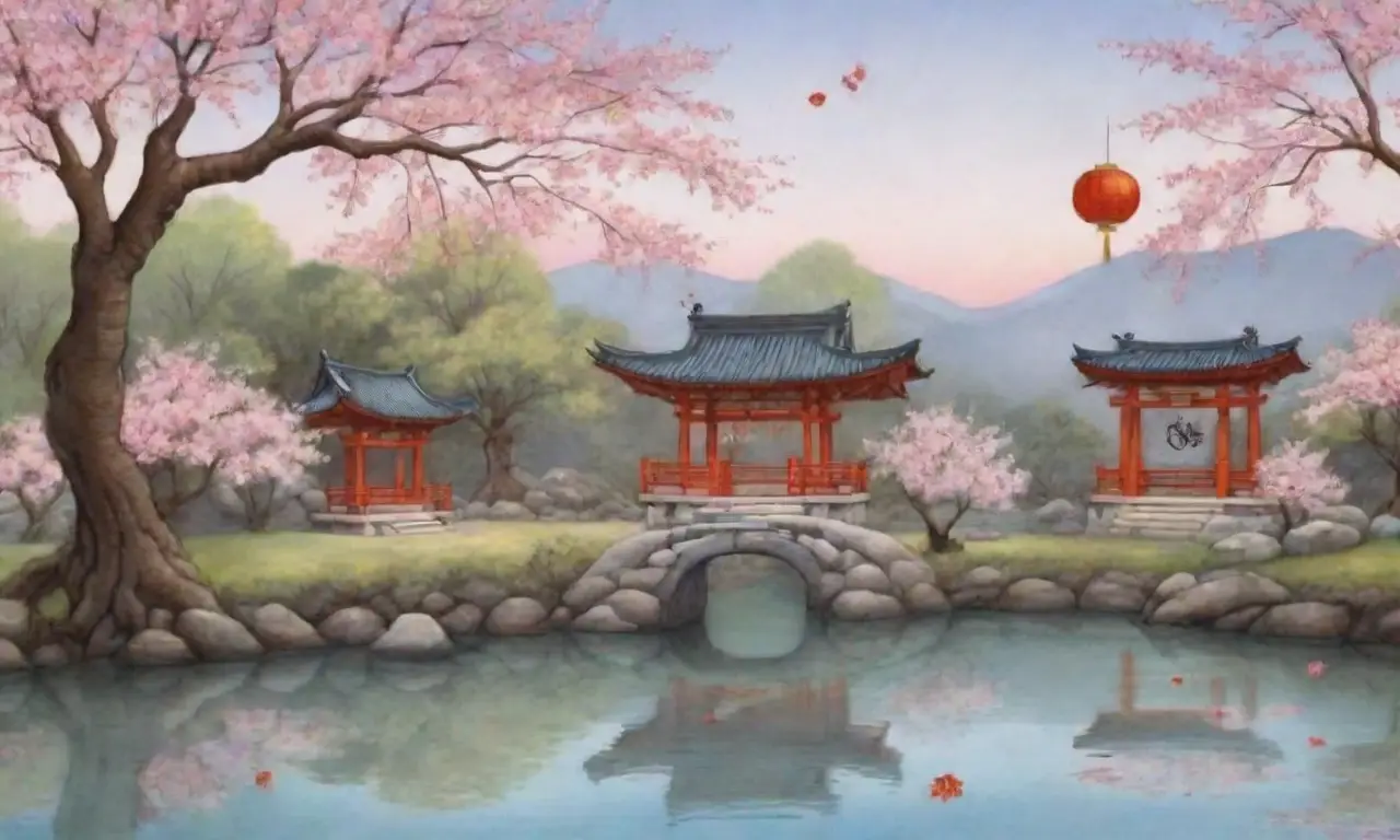 Un paisaje sereno con cerezos en flor, un estanque tranquilo, un torii majestuoso y una armonía perfecta en cada detalle