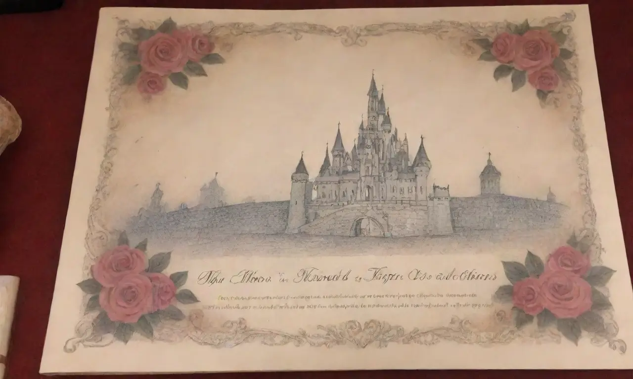 Un fondo de pergamino suave con bordes florales, ilustraciones de amantes, una pluma vintage, luz de velas, un relicario, nubes de niebla, rosas, un reloj de arena roto, siluetas de amantes, un mapa antiguo, un violín, faroles, una tapicería de criaturas míticas, un cielo estrellado y ecos de cuentos olvidados