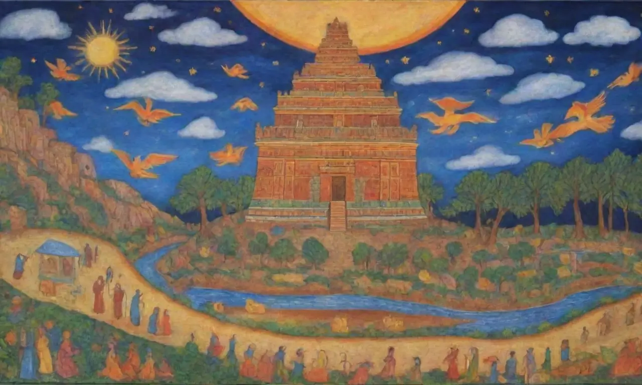 La esencia de la mitología mesopotámica se refleja en antiguos relieves, frescos vibrantes y un ambiente sagrado