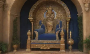 Un trono dorado rodeado de sabiduría y tranquilidad en un entorno sereno