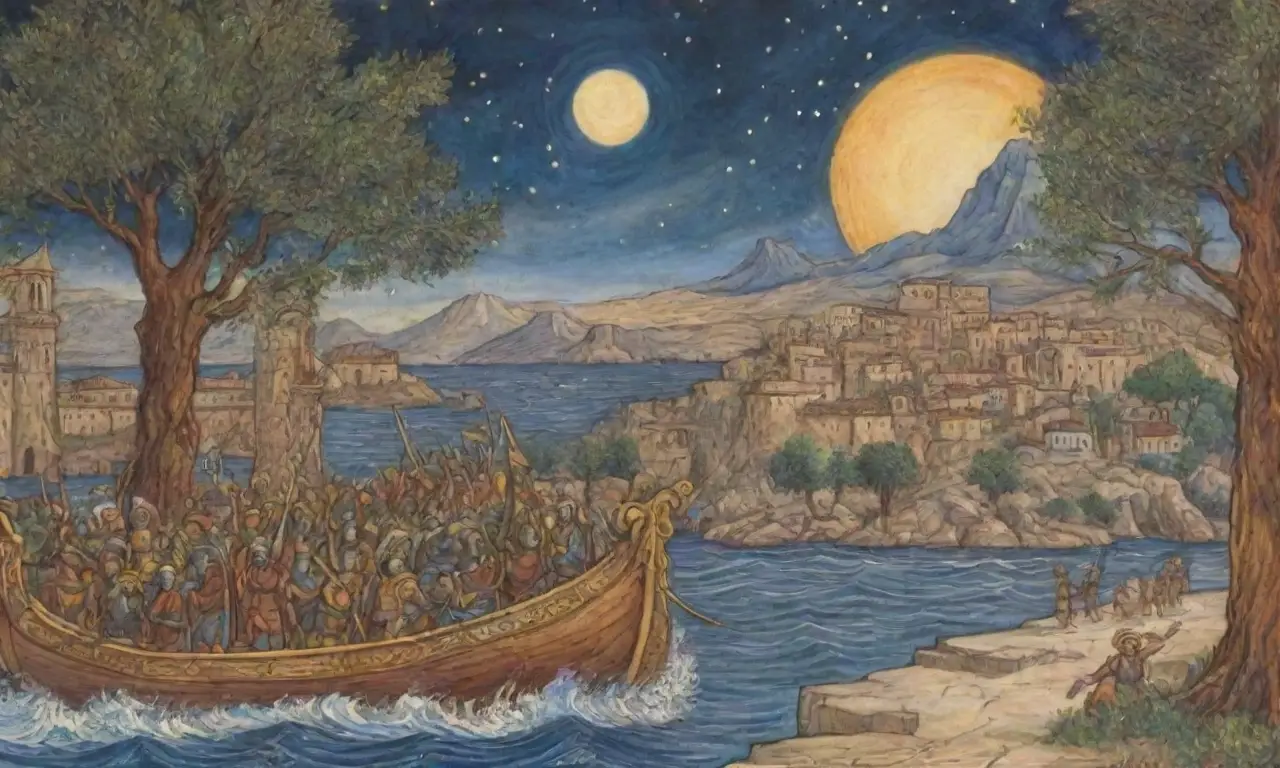 Un antiguo pergamino revela épicas batallas, héroes y mitología en un paisaje atemporal