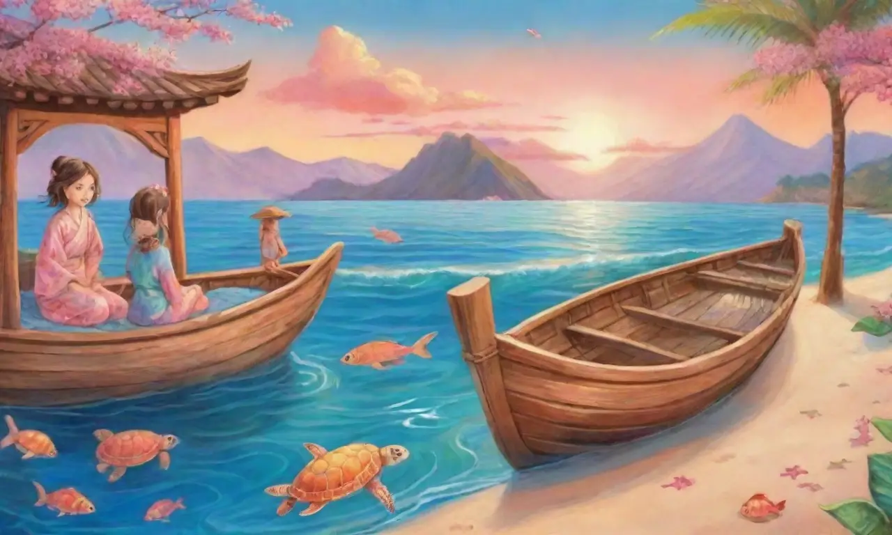 Un paisaje sereno de mar con un pescador, tortuga, coloridos corales, una princesa y un atardecer mágico