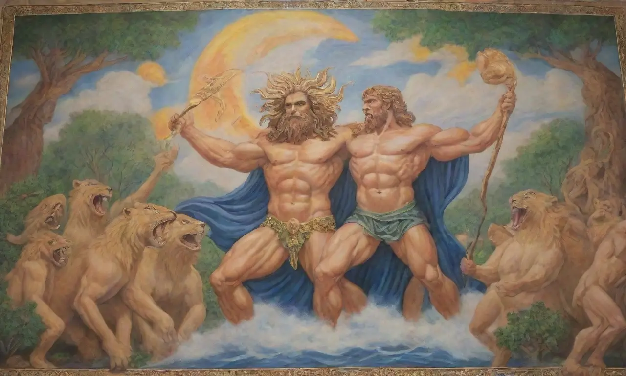 Un mural vibrante de Heracles rodeado de bestias míticas y dioses, capturando su valentía y leyendas