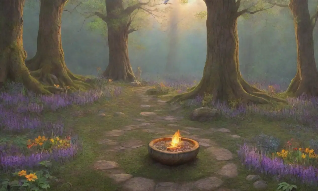Un bosque denso con árboles antiguos, flores vibrantes, un río serpenteante, un altar de madera, ofrendas, y una atmósfera mágica de unidad con la naturaleza