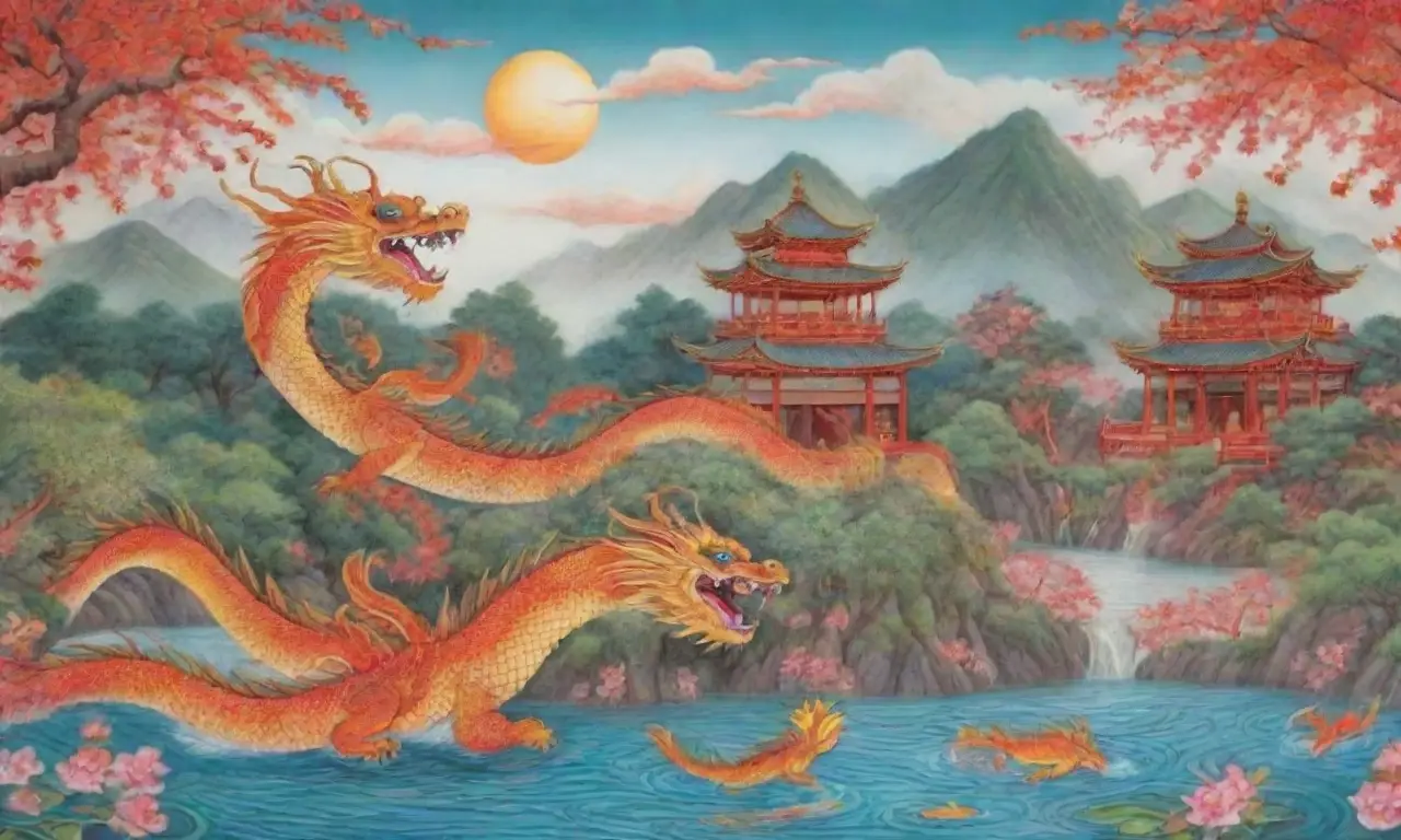 Un paisaje vibrante de dragones, flores, templos y culturas en armonía