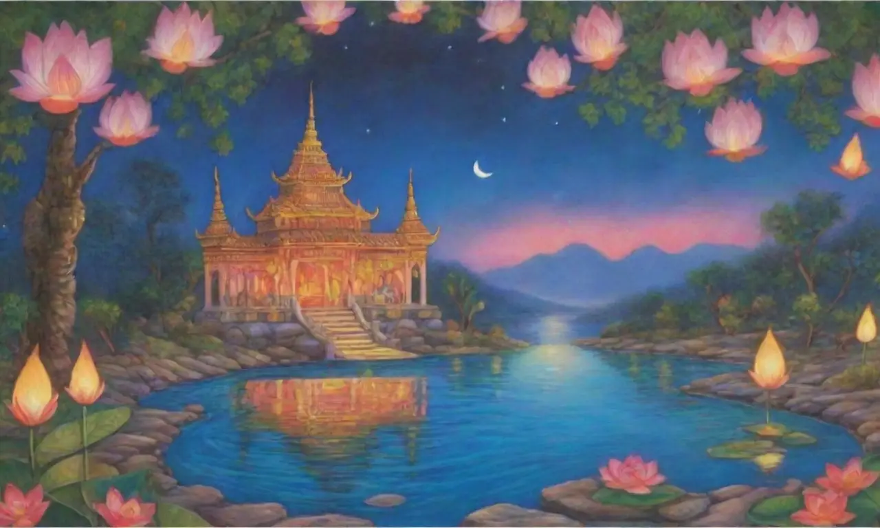 Un paisaje sereno con agua, flores de loto, luces doradas, y una figura meditando en paz