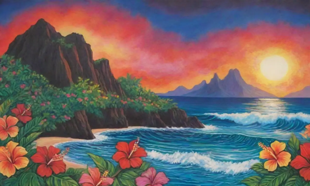 Un mural vibrante que fusiona colores tropicales, elementos hawaianos y emociones contrastantes
