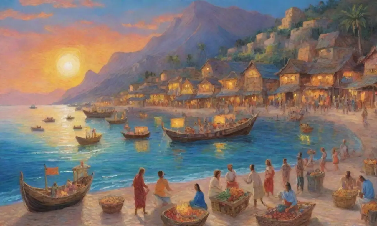 Un paisaje costero vibrante lleno de vida, comercio y tradiciones