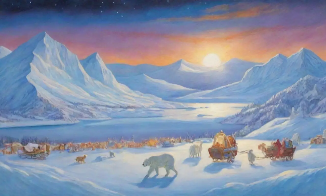 Un paisaje ártico mágico con icebergs, figuras inuits, auroras y un majestuoso oso polar